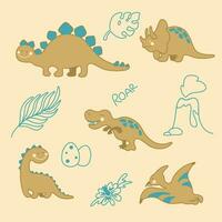 Set of ilustraciones whis cute dinos, eruptios volcanos, exotical plants. Kids print. Vector