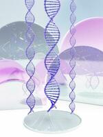 DNA helix above glass display. 3d render photo