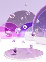 Levitating glass balls above shiny display. 3d render photo