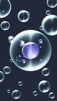 Dark background with transparent spherical bubbles and DNA strands. 3d animation video