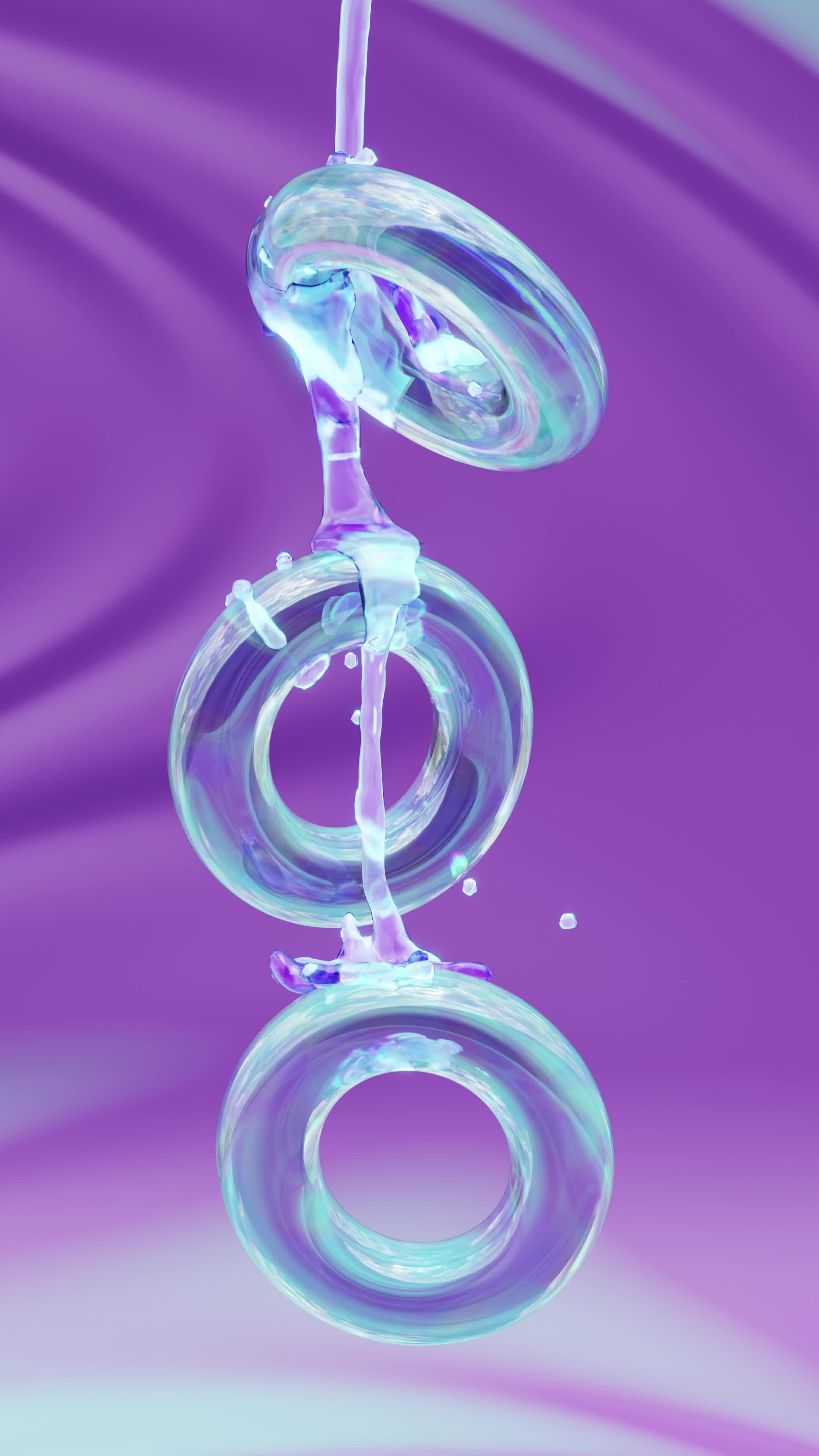 Computer generated 3D of water pouring on spinning transparent rings