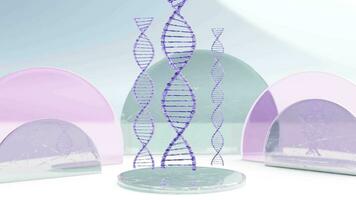 DNA helix above glass display. 3d render animation loop video