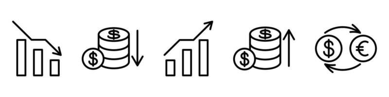 Vector icon set of money movement forecast. Editable stroke. Line business icon collection related to finance up and down. Finance and money concept. Currency increase and decrease. Price analysis.