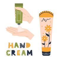 Vector cream tubes set in flat design. Beauty and skincare cosmetic set. Daily routine. Hand squeezing cream from a green tube onto a palm. Hand cream text.