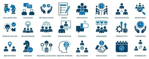 Meeting icon set. Included icons as meeting room, team, teamwork, presentation, idea, brainstorm and more. vector