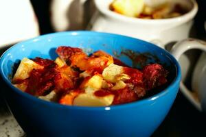 Mutton meat and potatoes, baked in cassolette. photo