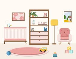 Cozy nursery interior with furniture such as crib, armchair, toys, rug in modern style flat vector illustration.