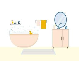 acogedor baño interior con mueble tal como tina, espejo, cabecera mesa, baño bol, toallas en moderno estilo en plano vector ilustración