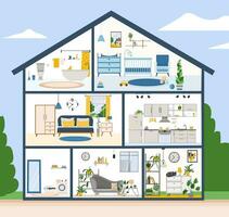 House with interior view and furniture in flat design vector