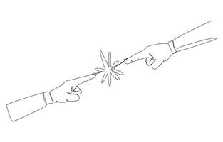 Continuous one line drawing of two hands pointing at each other, business conflict, dispute between employees, different thought concept, single line design vector illustration.