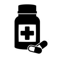 Medicine bottle and pills icon. Black and white icon. Vector illustration.