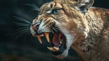 Ferocious Puma. Discover Ultra-Realistic Image of Snarling Wildcat's Intense Anger and Powerful Presence photo