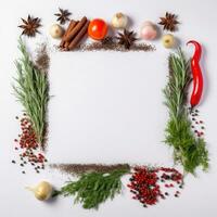 Frame of spices for the design of cooking materials, menus, recipes, labels with empty space in the center on a light background photo