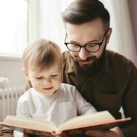 Father and son are reading a book and smiling while spending time together at home photo