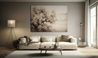 interior diseño de acogedor vivo habitación con elegante sofá, decoración, y personal accesorios en moderno hogar decoración. modelo. foto