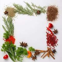 Frame of spices for the design of cooking materials, menus, recipes, labels with empty space in the center on a light background photo