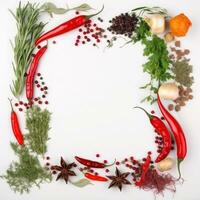 Frame of spices for the design of cooking materials, menus, recipes, labels with empty space in the center on a light background photo