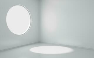 un vacío habitación con redondo ventana, 3d representación. foto
