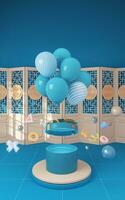 globos y regalos con azul fondo, 3d representación. foto