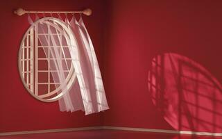 Empty room with blowing curtain, interior background, 3d rendering. photo