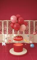 globos y regalos con rojo fondo, 3d representación. foto