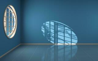 An empty room with round window, 3d rendering. photo