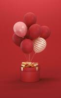 Balloons and Presents with red background, 3d rendering. photo