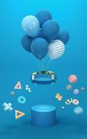 globos y regalos con azul fondo, 3d representación. foto