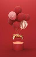 Balloons and Presents with red background, 3d rendering. photo