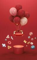 Balloons and Presents with red background, 3d rendering. photo