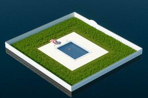 un cuadrado nadando piscina en el mar, 3d representación. foto