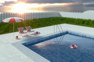 A swimming pool on a sunny day, 3d rendering. photo