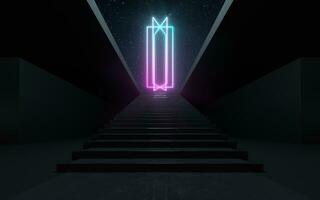 Large steps with glowing neon lines, 3d rendering. photo