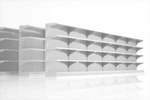 Empty supermarket shelves with white background, 3d rendering. photo