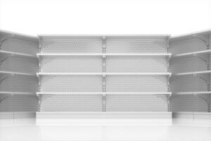 Empty supermarket shelves with white background, 3d rendering. photo