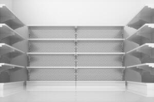 Empty supermarket shelves with white background, 3d rendering. photo