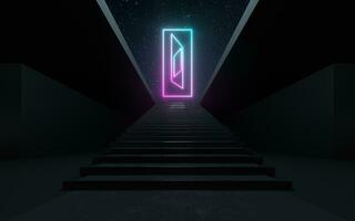 Large steps with glowing neon lines, 3d rendering. photo