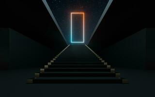 Large steps with glowing neon lines, 3d rendering. photo