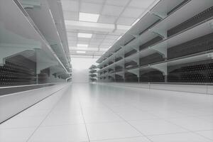 Empty supermarket shelves in the supermarket, 3d rendering. photo