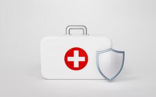 Shield and medical kit with white background, 3d rendering. photo