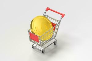 compras carro con dorado monedas, 3d representación. foto