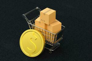 Shopping cart and golden coin, 3d rendering. photo