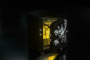 Mechanical safe, with shiny golden coins inside, 3d rendering. photo