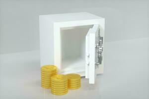 Mechanical safe, with shiny golden coins beside, 3d rendering. photo