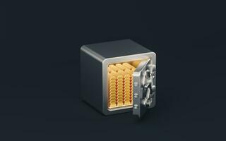 Gold bars and safe box with dark background, 3d rendering. photo