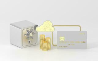 seguro caja y oro monedas con blanco fondo, 3d representación. foto