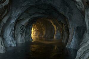 The dark rock tunnel with light illuminated in the end, 3d rendering. photo
