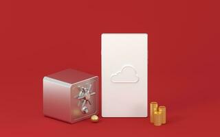 Cloud computing and safe box with red background, 3d rendering. photo