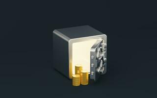 Gold coins and safe box with dark background, 3d rendering. photo