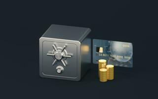 Gold coins and safe box with dark background, 3d rendering. photo